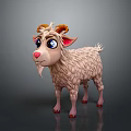 Cartoon Fluffy Goat With Big Eyes Red Nose Curved Horns On Gray Background