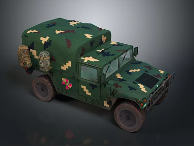 Green Camouflage Military Off Road Medical Vehicle With Red Cross Markings 3d model