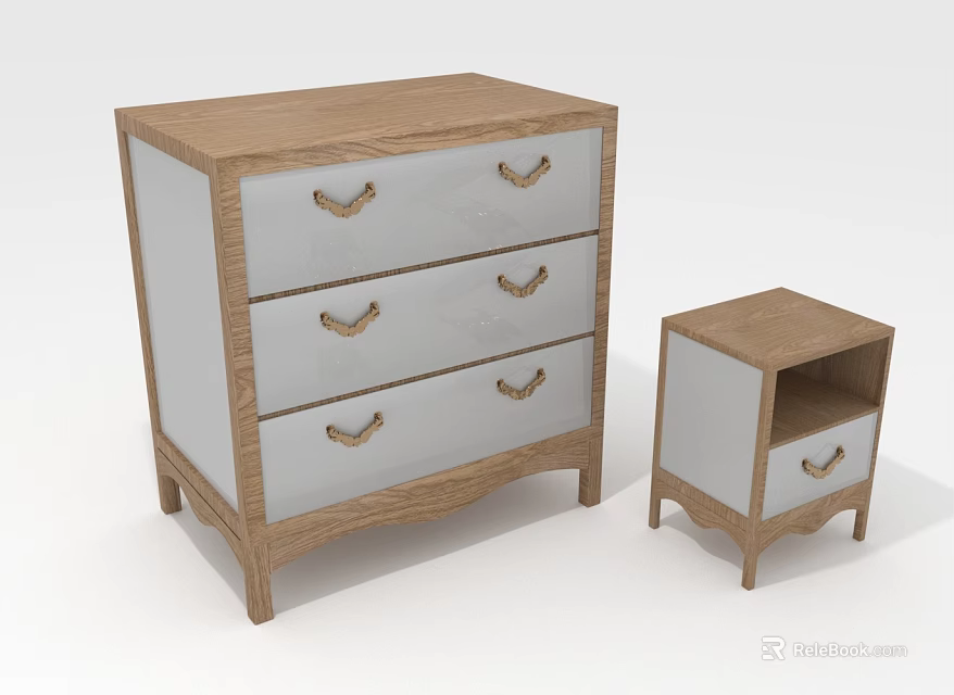 Wooden Three Drawer Cabinet With White Drawers And Small Side Table With Metal Handles 3d model 