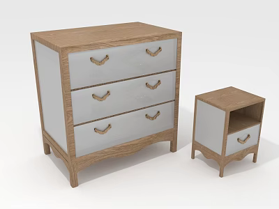 Wooden Three Drawer Cabinet With White Drawers And Small Side Table With Metal Handles 3d model