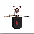 Samurai Swords With Red White Scabbards Horned Mask On Black Stand Cherry Blossom Symbol