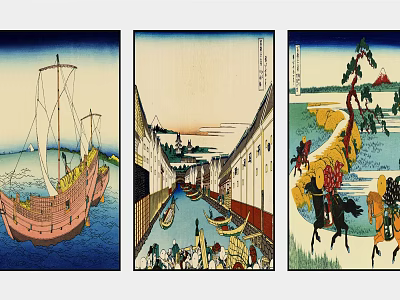 Traditional Japanese Ukiyo e Prints With Ship Canal Mountain Path And Mount Fuji 3d model