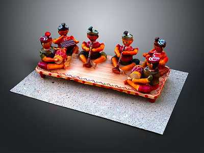 Group Of Traditional Costume Figurines Sitting On Wooden Platform Playing Instruments And Resting 3d model