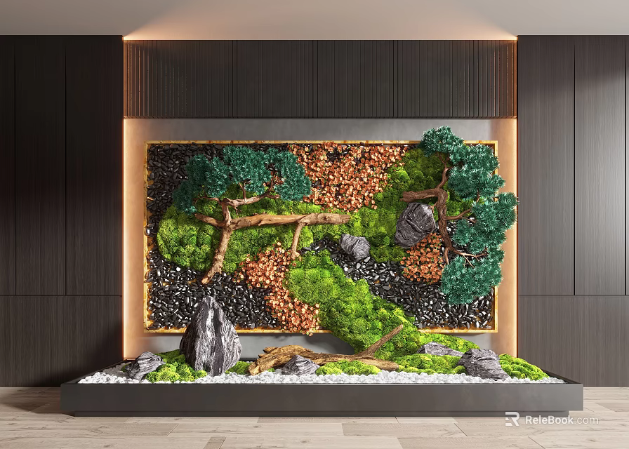 Contemporary Indoor Landscape Wall With Lush Green Plants Moss River Stones And Wooden Branches 3d model 