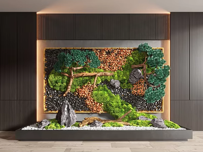 Contemporary Indoor Landscape Wall With Lush Green Plants Moss River Stones And Wooden Branches 3d model