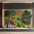 Contemporary Indoor Landscape Wall With Lush Green Plants Moss River Stones And Wooden Branches