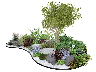 Diverse Landscape Plant Combination with Tree Shrubs Herbs Rocks and White Pebbles 3d model