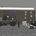 Modern Office Interior Design With Desk Chairs Wooden Bookshelves Sofa And Plant