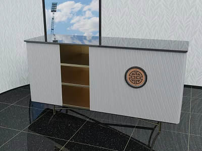 Modern White TV Stand With Textured Panels Circular Decorative Emblem And Gold Metal Legs 3d model