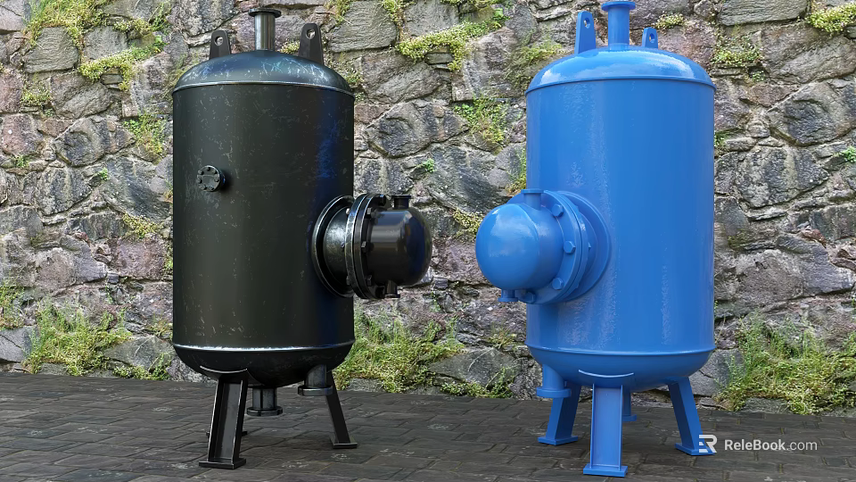 Industrial Storage Tanks Black And Blue With Sturdy Stands And Side Valves 3d model 