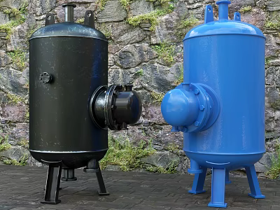 Industrial Storage Tanks Black And Blue With Sturdy Stands And Side Valves 3d model