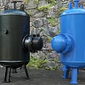 Industrial Storage Tanks Black And Blue With Sturdy Stands And Side Valves