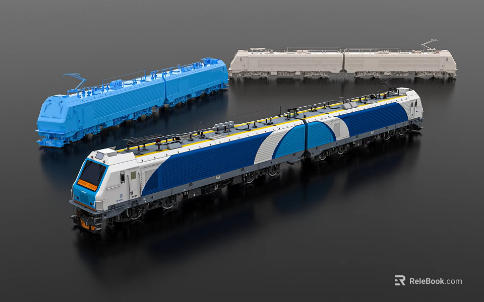 Blue and White Train Models with Multiple Carriages on Dark Background 3d model