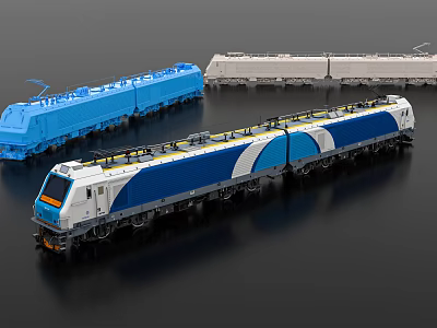 Blue and White Train Models with Multiple Carriages on Dark Background 3d model