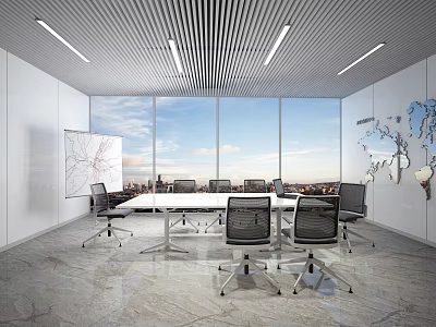 Modern Meeting Room Interior Design With Large Windows City View And Whiteboard 3d model