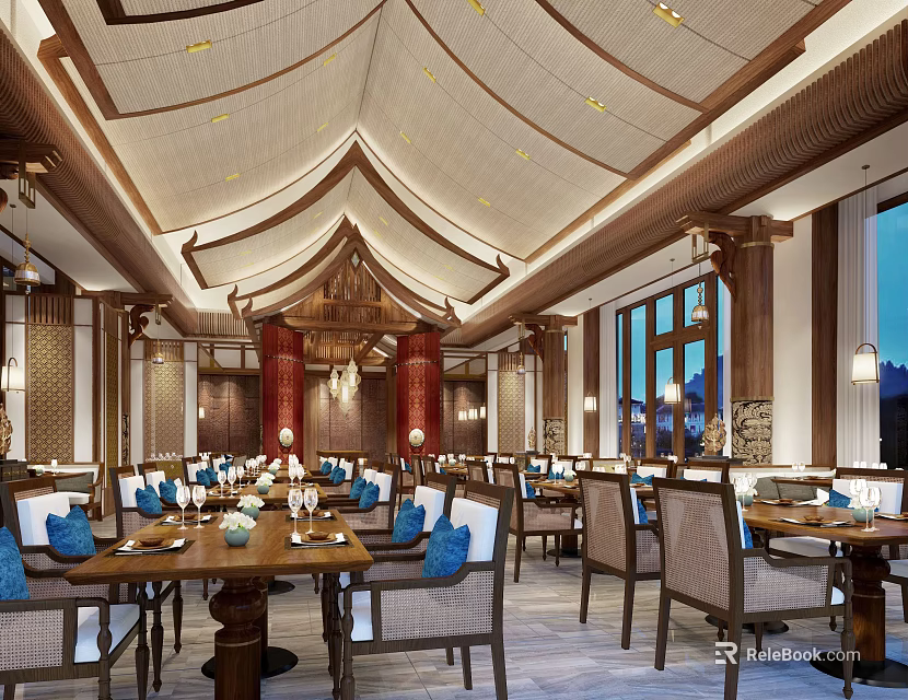 Elegant Traditional Restaurant Interior With Wooden Ceiling Red Pillars Dining Tables And Large Windows 3d model 