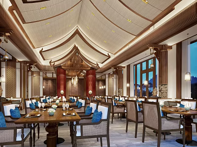 Elegant Traditional Restaurant Interior With Wooden Ceiling Red Pillars Dining Tables And Large Windows 3d model