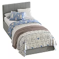 Modern Single Bed with Green Headboard Blue White Bedding and Brown Blanket