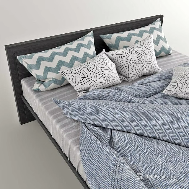 Double Bed With Dark Headboard And Blue White Chevron Leaf Pattern Pillows Striped Bedspread 3d model