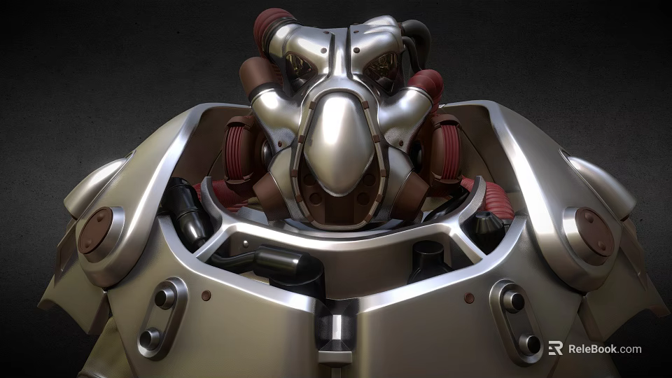 Detailed Mechanical Robotic Head Structure With Metallic Silver And Red Components 3d model