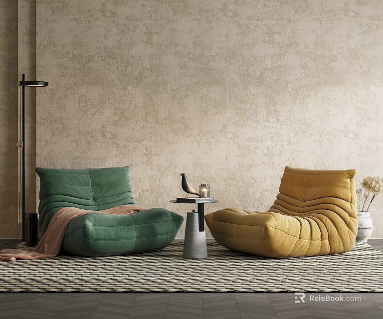 Green and Yellow Velvet Lazy Sofa with Side Table Floor Lamp and Vase on Rug 3d model 