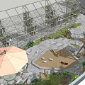 Outdoor Garden Landscape Design With Wooden Furniture Umbrella Green Plants And Glass Greenhouse
