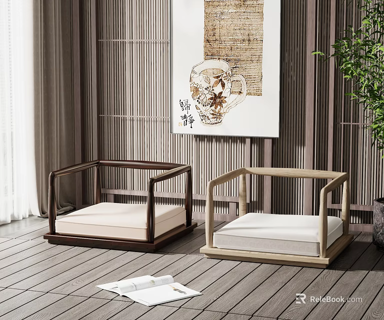 Japanese Style Leisure Chairs with Wooden Frame Different Colors Light Cushions in Natural Setting 3d model 