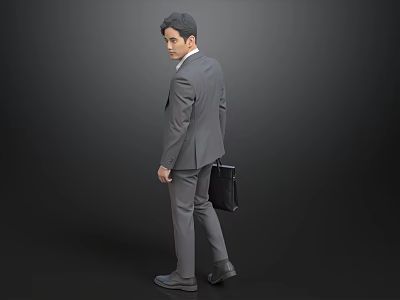 Businessman in Gray Suit Carrying Black Briefcase Standing Sideways on Gray Background 3d model