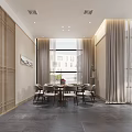 Modern Private Room Interior Design With Dining Table Sofa Chairs Pendant Lighting And Gray Floor 3d model