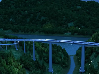 Elevated Bridge With Evening Lights Over River In Green Mountain Forest With Concrete Piers 3d model