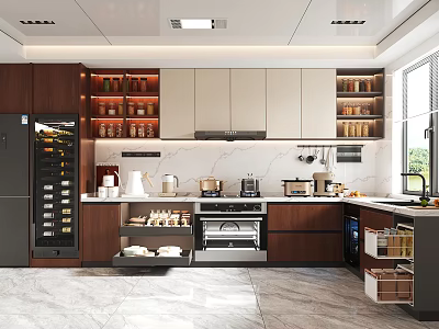 Modern Kitchen Interior With Dark And Light Cabinets Marble Countertops Appliances Open Shelves And Window 3d model