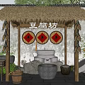 Traditional Garden Landscape with Thatched Roof Tofu Workshop Feng Decorations Stone Mill and Green Plants