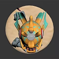 Cartoon Character With Fish Creature Lightbulb Head Orange Body Blue Fins Sharp Teeth Sand Base