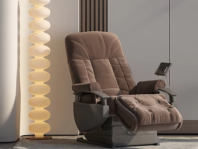 Modern Brown Reclining Massage Chair With Circular Floor Lamp And Velvet Upholstery 3d model