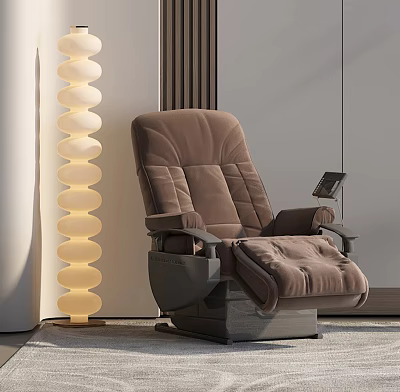 Modern Brown Reclining Massage Chair With Circular Floor Lamp And Velvet Upholstery 3d model