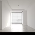 White Window Blinds Covering Large Modern Windows With City Skyline View 3d model