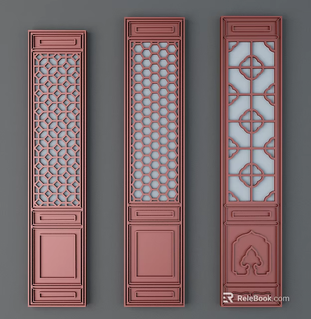Oriental Style Swing Doors With Traditional Carved Patterns And Three Panel Design 3d model