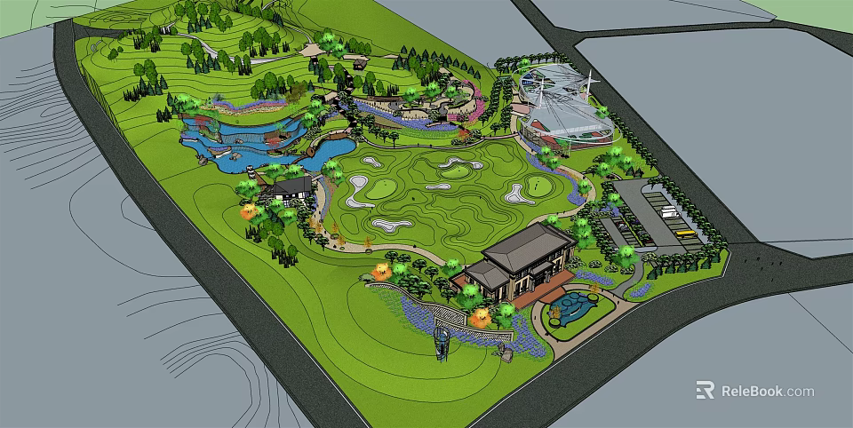 Scenic Park Design With Green Lawns Lakes Trees And Recreational Buildings 3d model 