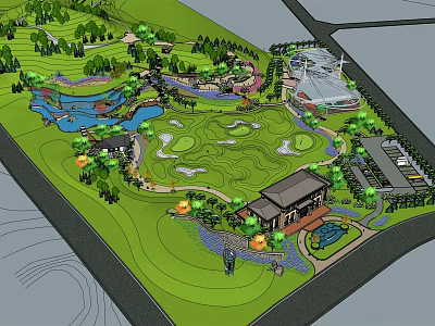 Scenic Park Design With Green Lawns Lakes Trees And Recreational Buildings 3d model
