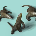 Three Komodo Dragons Reptiles Showing Different Poses on Light Blue Background