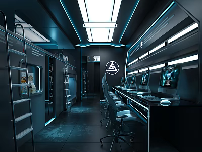 Modern Hotel Room With Dark Blue Tones Illuminated Lines And Workstation Monitors 3d model