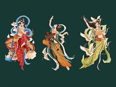 Traditional Chinese Figure Paintings With Three Fairy Figures Flowing Costumes Colorful Ribbons And Cranes 3d model
