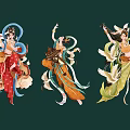Traditional Chinese Figure Paintings With Three Fairy Figures Flowing Costumes Colorful Ribbons And Cranes
