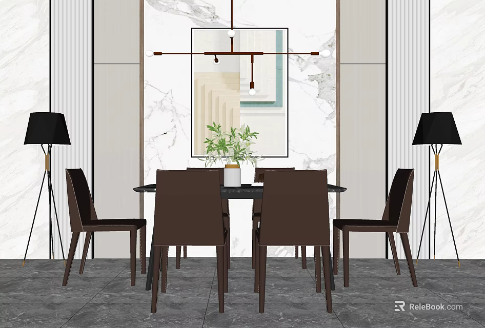 Modern Dining Table Set With Brown Chairs Hanging Chandelier And Marble Wall Background 3d model