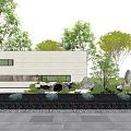 Modern Garden Feature Wall With Circular Ornaments Green Trees And Stone Pavement