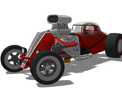 Red Custom Vintage Car With Exposed Blower Engine Large Tires And Streamlined Body 3d model