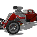 Red Custom Vintage Car With Exposed Blower Engine Large Tires And Streamlined Body