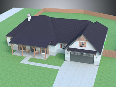 Single Family Residential House With Black Roof White Walls Porch Columns Garage And Green Lawn 3d model