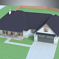 Single Family Residential House With Black Roof White Walls Porch Columns Garage And Green Lawn