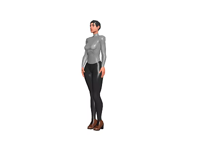 Woman In Gray Fitted Long Sleeve Top And Black Leggings With Brown Shoes 3d model
